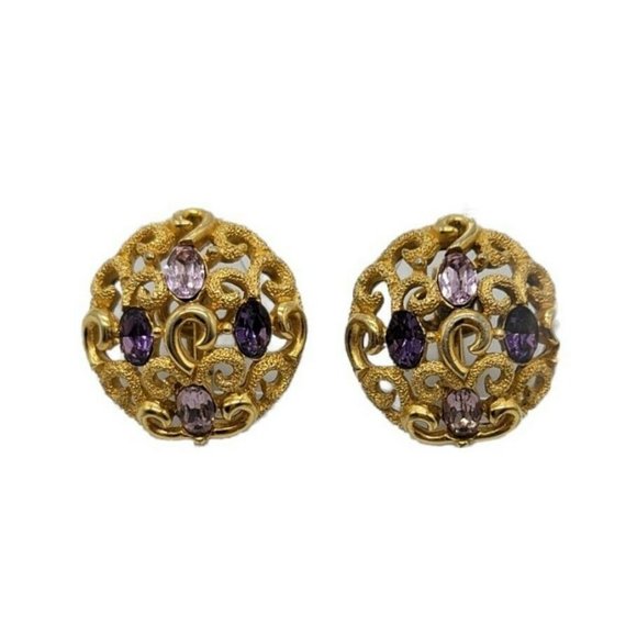 Trifari Jewelry - Crown Trifari Purple Rhinestone Gold Tone Swirl Mi
